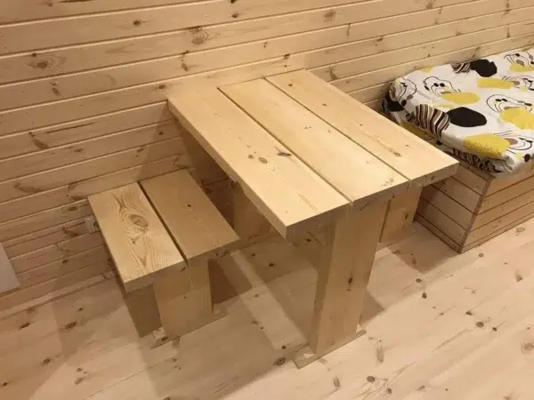 Wooden camping pod, wooden table and stools