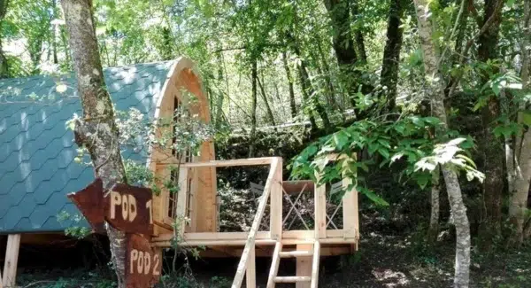 Wooden camping pod, woodland front entrance with railing