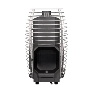 HUUM Hive Flow wood-burning sauna stove, front view with an empty stone cage