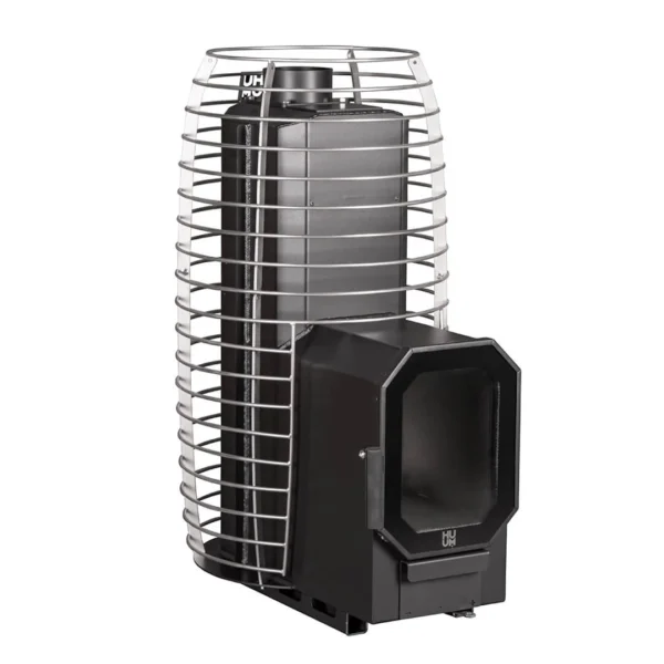 HUUM Hive Flow Mini LS wood-burning sauna stove, empty stone cage and extended firebox