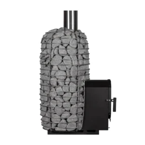 HUUM Hive Flow Mini LS wood-burning sauna stove, side view showing the extended firebox