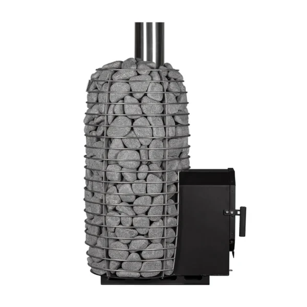 HUUM Hive Flow Mini LS wood-burning sauna stove, side view showing the extended firebox