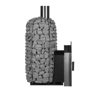 HUUM Hive Flow Mini LS wood-burning sauna stove, side view with a mounting collar