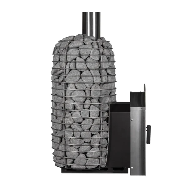 HUUM Hive Flow Mini LS wood-burning sauna stove, side view with a mounting collar