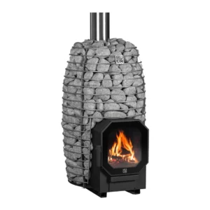 HUUM Hive Flow wood-burning sauna stove, angled view with sauna stones and fire visible