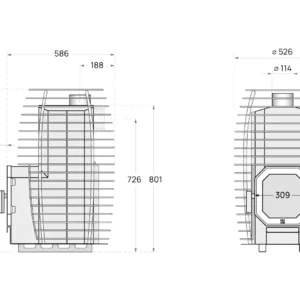 HUUM Hive Flow wood-burning sauna stove, dimension drawing