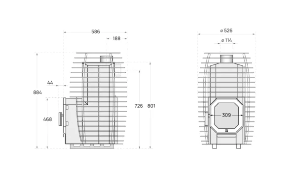 HUUM Hive Flow wood-burning sauna stove, dimension drawing