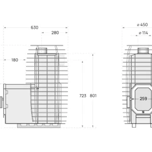 HUUM Hive Flow Mini LS wood-burning sauna stove, dimension drawing