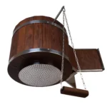 TESLI 35 L Cooler thermo ash sauna shower, underside view of round shower plate and pull chain