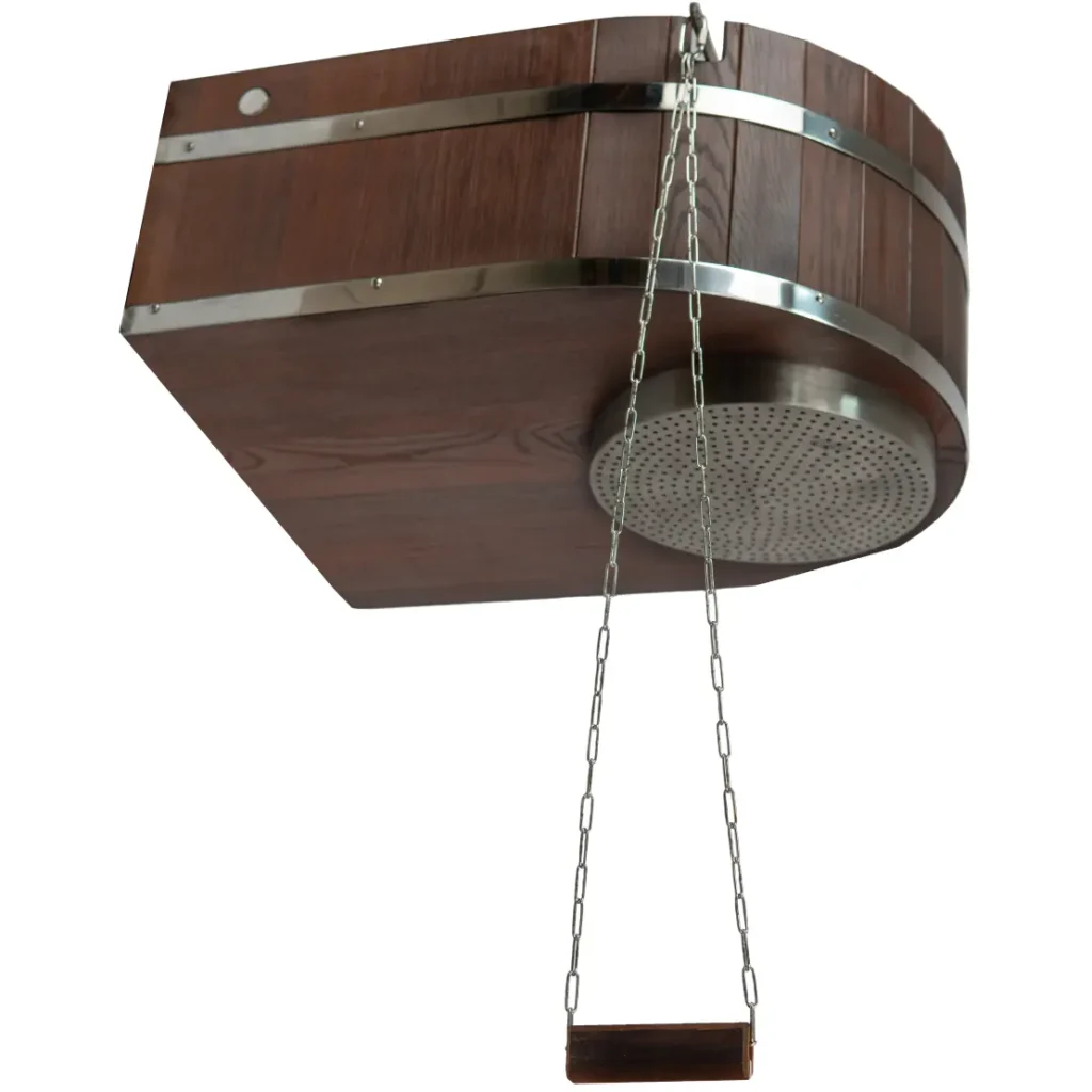 TESLI 45 L Iceberg thermo ash sauna shower, underside view with shower plate and pull chain