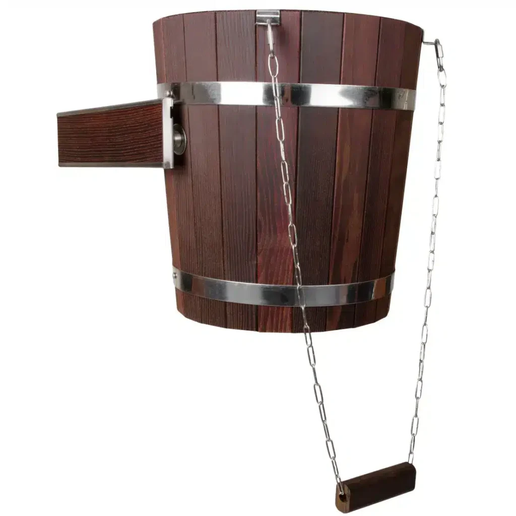 TESLI 20 L thermo ash sauna shower bucket with stainless steel insert, front angled view with wall bracket and pull chain