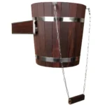 TESLI 20 L thermo ash sauna shower bucket with stainless steel insert, front angled view with wall bracket and pull chain