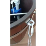 TESLI 20 L thermo ash sauna shower bucket with plastic insert, close view of float valve and chain attachment