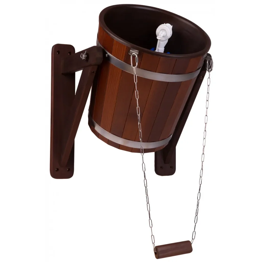 TESLI 20 L thermo ash sauna shower bucket with plastic insert, angled view with wall bracket and pull chain