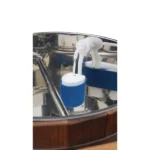 TESLI thermo basswood sauna shower bucket with stainless steel insert, close view of float valve inside the metal liner