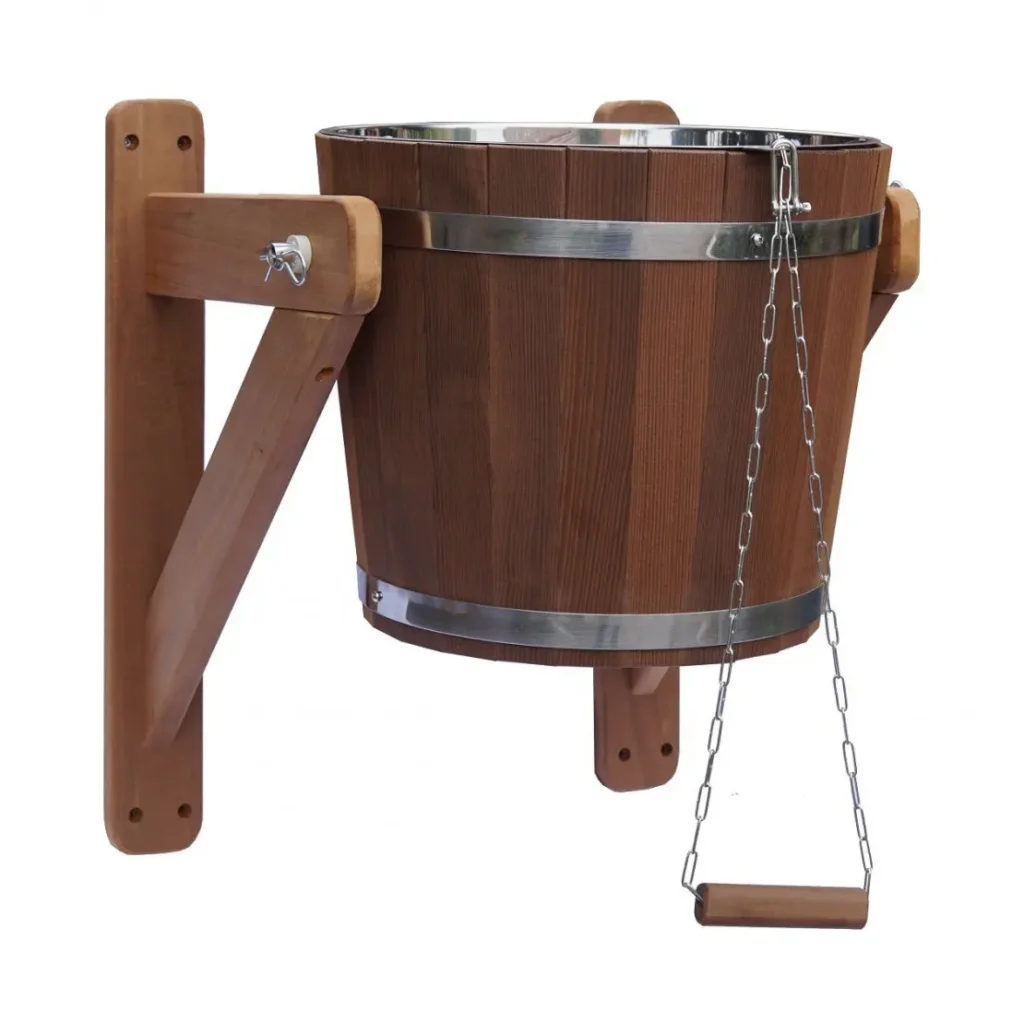 TESLI thermo basswood sauna shower bucket with stainless steel insert, front angled view with wall bracket and pull chain