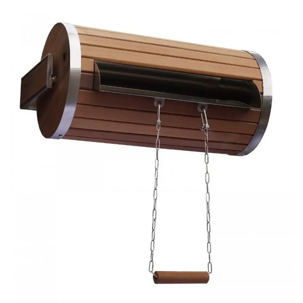TESLI 30 L thermo basswood sauna shower cylinder with stainless steel insert, angled view with wooden casing and pull chain