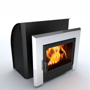 ZAPARA Cascade wood-burning sauna stove, front view with fire visible through the glass door