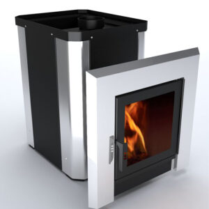 ZAPARA Classic Panorama wood-burning sauna stove, black casing with silver-coloured trim and panoramic firebox door