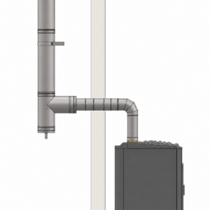 Chimney Kit with Elbow, side-view diagram of an elbow chimney passing through a wall