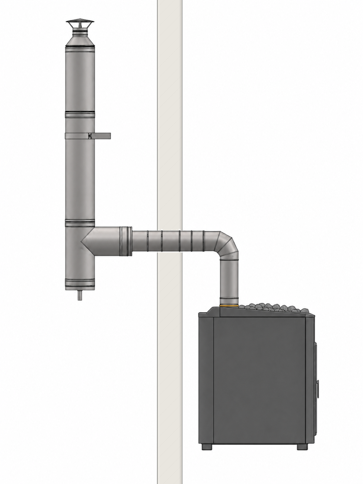 Side-exit sauna chimney kit with an elbow shown with a wood-burning heater