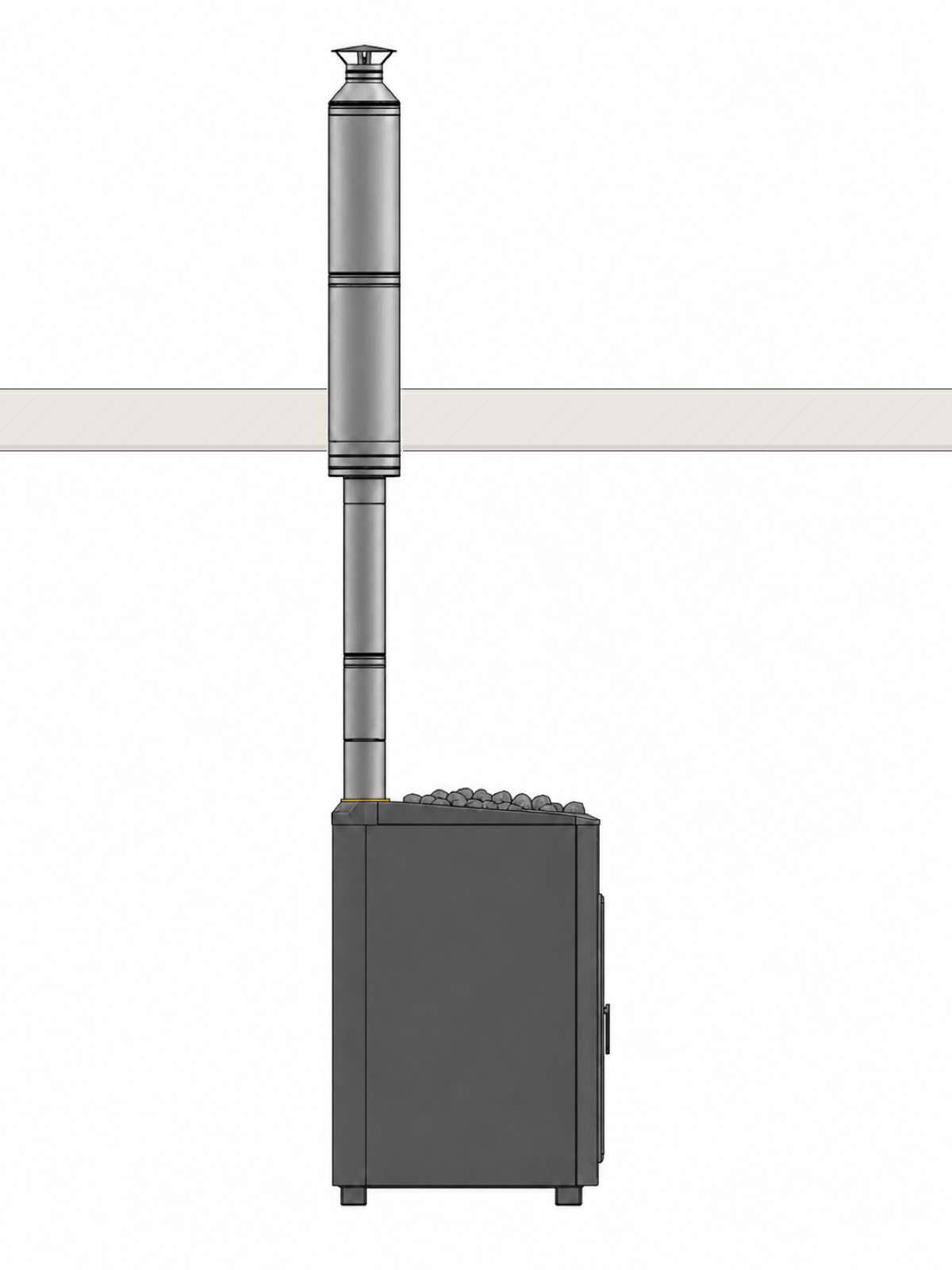 Through-roof sauna chimney kit shown with a wood-burning heater