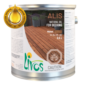 LIVOS ALIS 579 Exterior Sauna Wood Oil, labelled oil tin