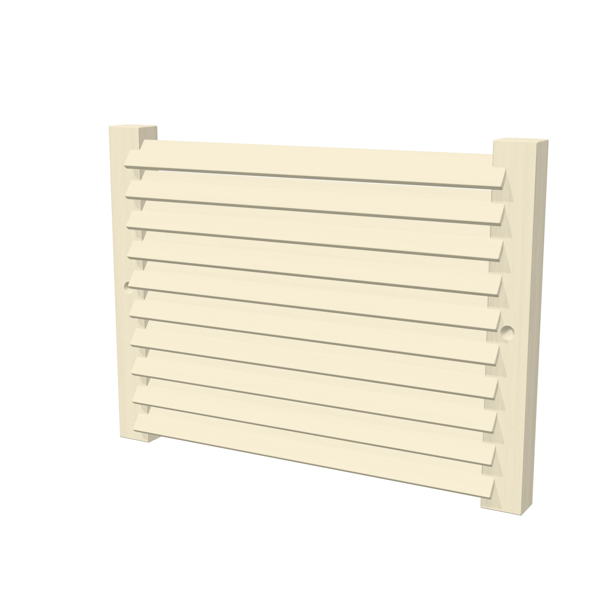 Tesla Grill Sauna Vent Cover — 3D view showing angled wooden slats and mounting holes