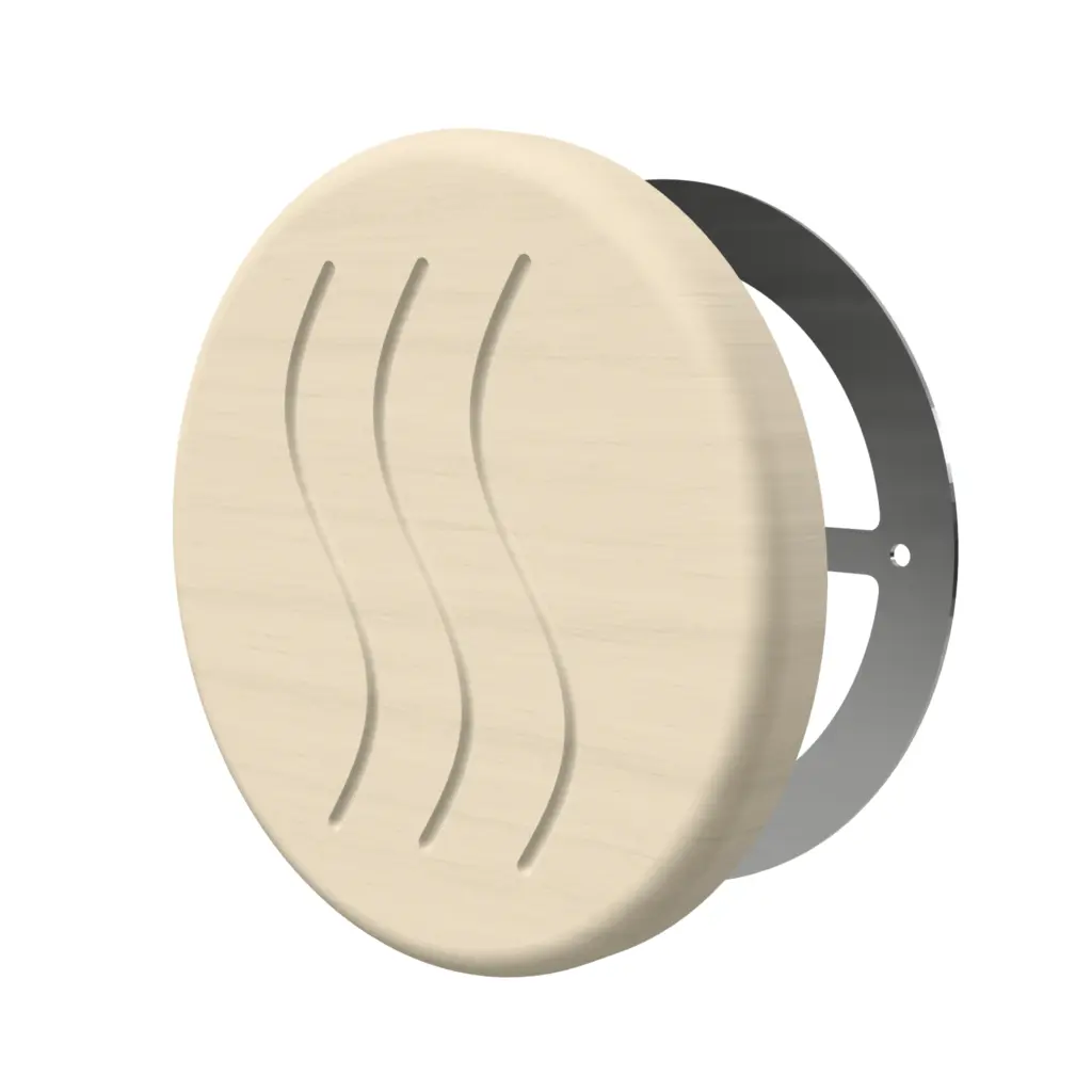 TESLI CIRCULAR Sauna Vent Cover D100 with Stainless Steel Mounting Piece — 3D view with rear stainless steel mounting plate visible