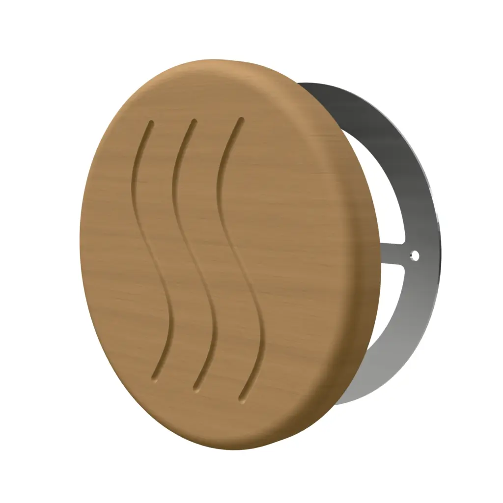 TESLI CIRCULAR THERMO WOOD Sauna Vent Cover D100 with Stainless Steel Mounting Piece — 3D view with rear stainless steel mounting plate visible