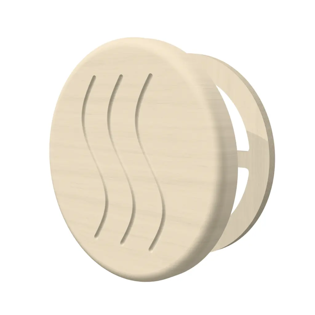 TESLI CIRCULAR Sauna Vent Cover D100 with Wooden Mounting Piece — 3D view with rear wooden mounting plate visible