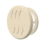 TESLI CIRCULAR Sauna Vent Cover D100 with Wooden Mounting Piece — 3D view with rear wooden mounting plate visible