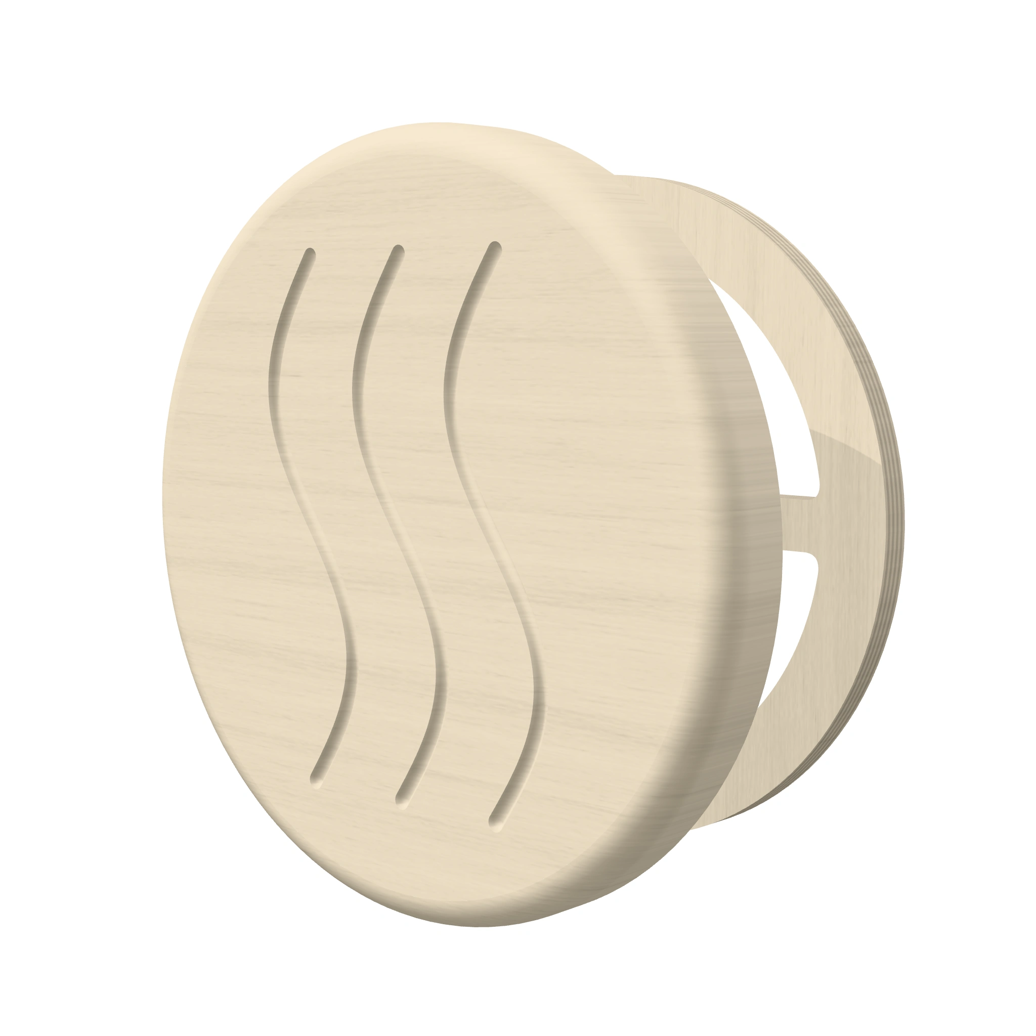 TESLI CIRCULAR Sauna Vent Cover D100 with Wooden Mounting Piece — 3D view with rear wooden mounting plate visible