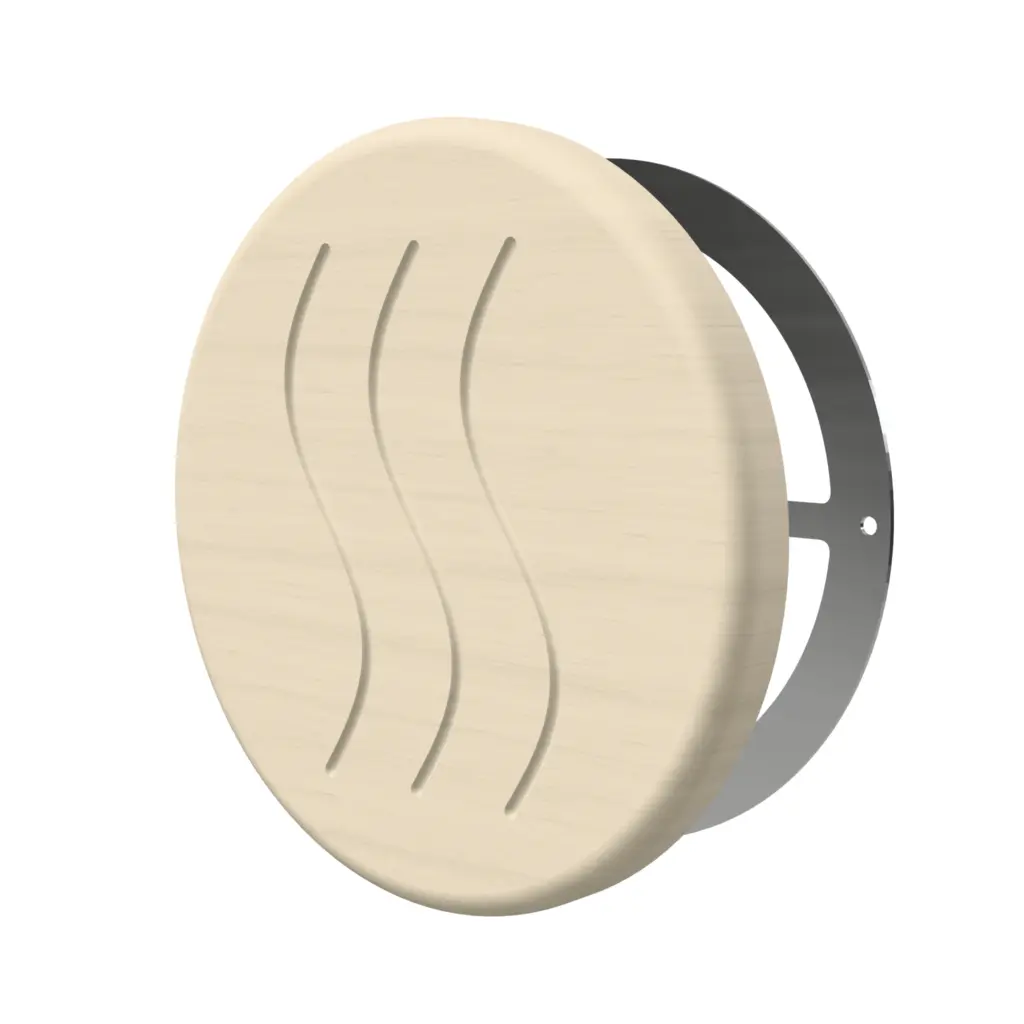 TESLI CIRCULAR Sauna Vent Cover D125 with Stainless Steel Mounting Piece — 3D view with rear stainless steel mounting plate visible