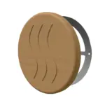 TESLI CIRCULAR THERMO WOOD Sauna Vent Cover D125 with Stainless Steel Mounting Piece — 3D view with rear stainless steel mounting plate visible