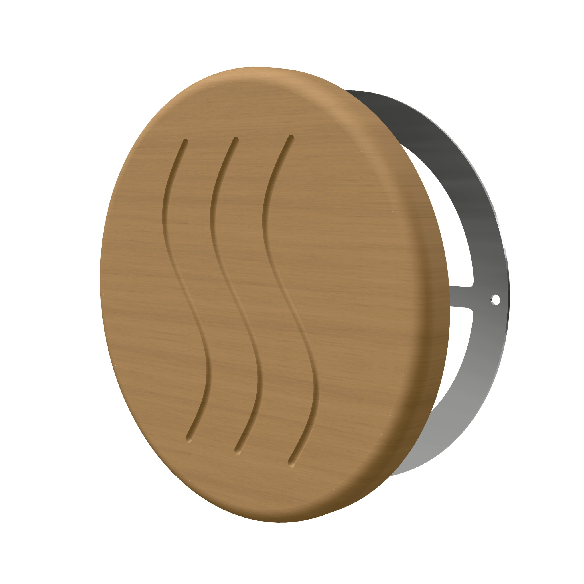 TESLI CIRCULAR THERMO WOOD Sauna Vent Cover D125 with Stainless Steel Mounting Piece — 3D view with rear stainless steel mounting plate visible
