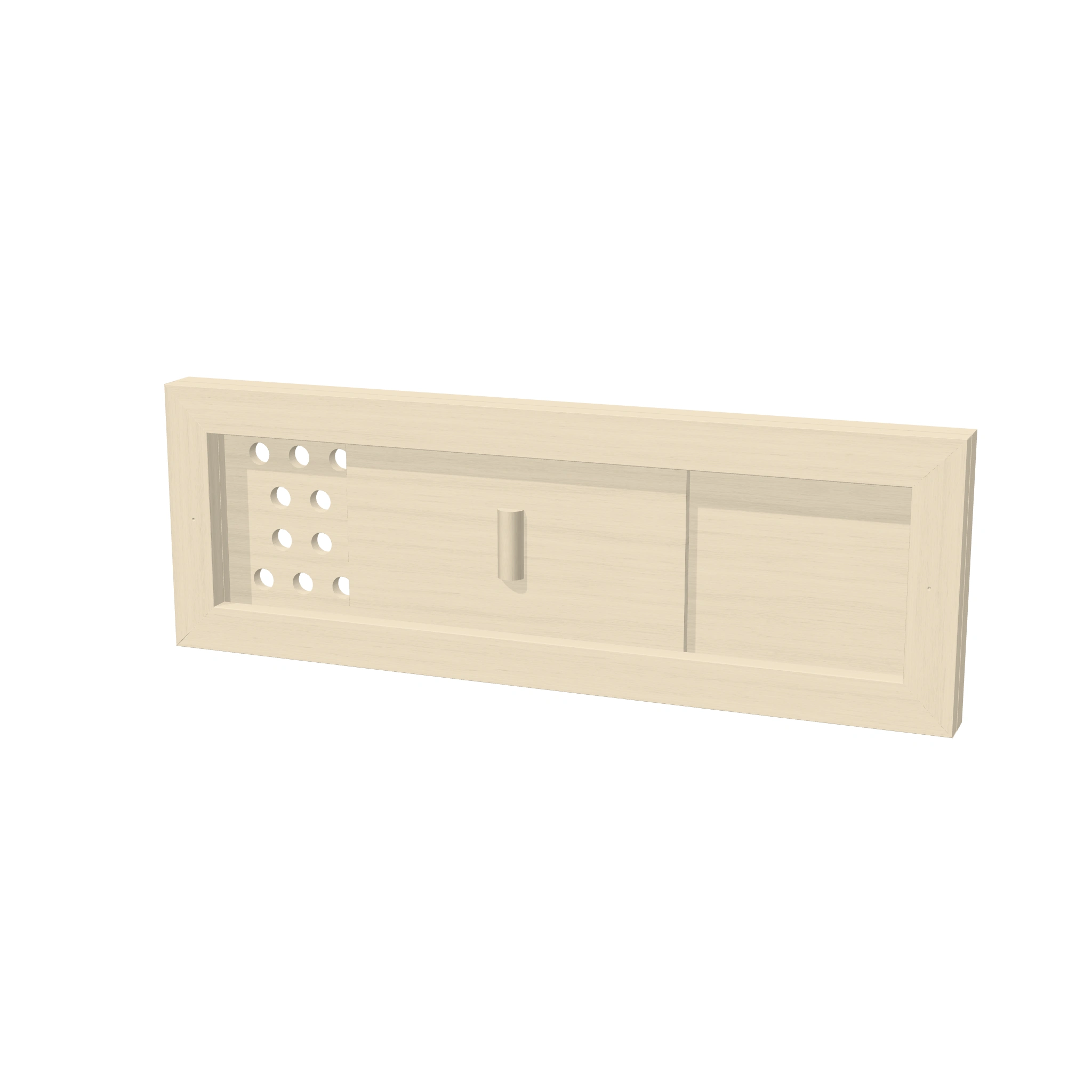 TESLI RECTANGULAR Sauna Vent Cover — 3D view with partially open sliding cover and mounting frame