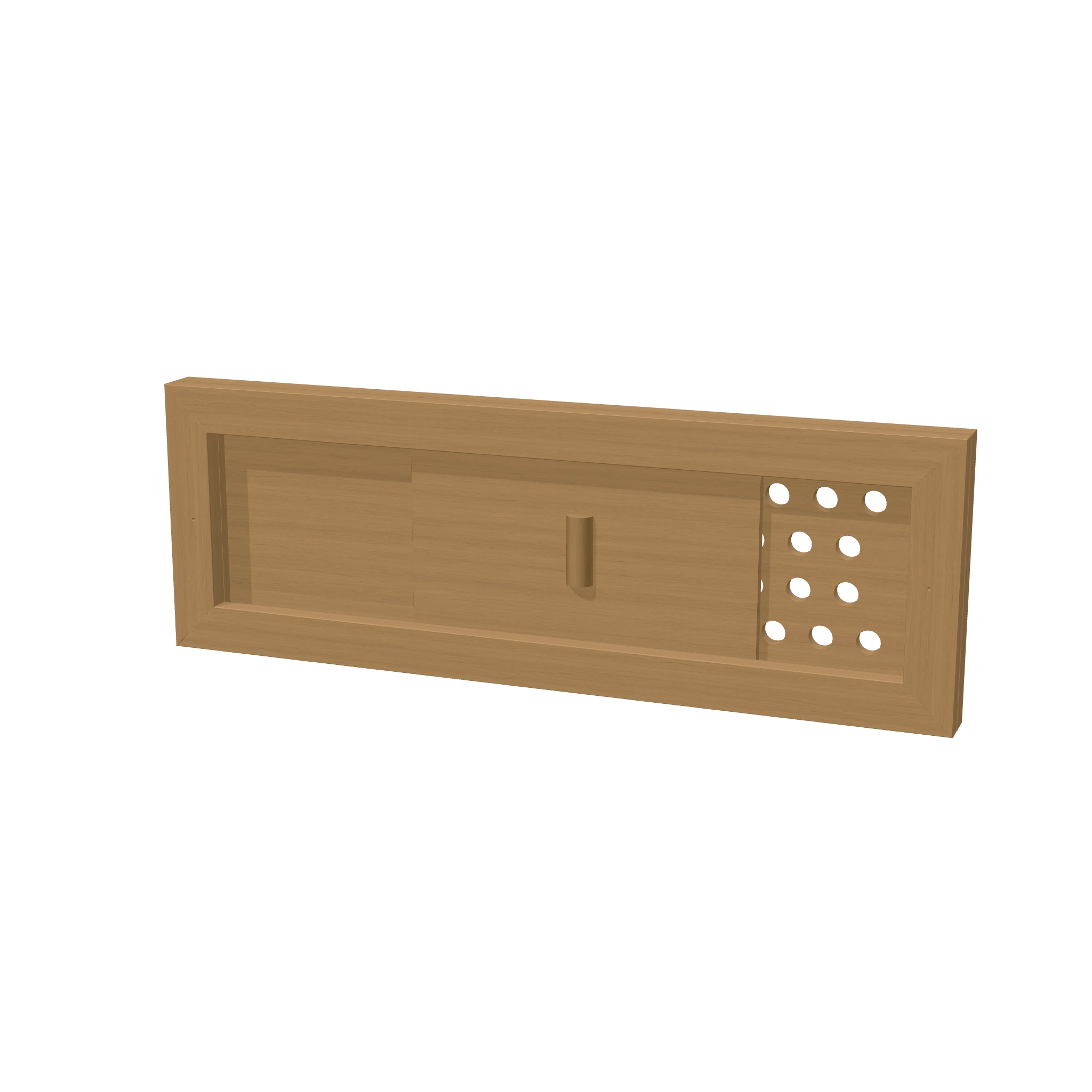 TESLI RECTANGULAR THERMO WOOD Sauna Vent Cover — 3D view with partially open sliding cover and mounting frame